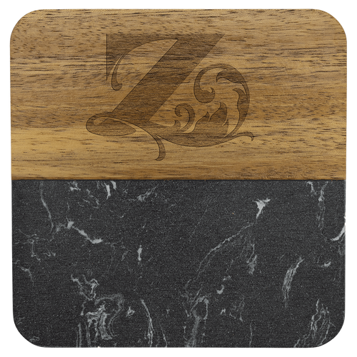 4" x 4" Acacia with Black Marble Accent Square Coaster