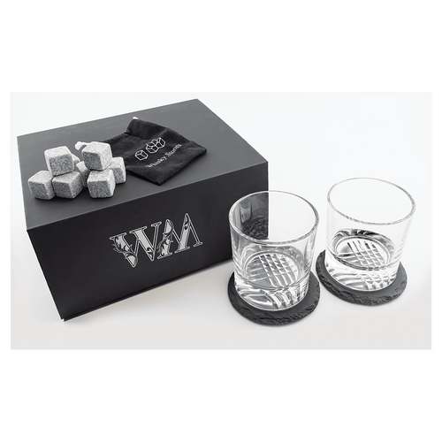 Lazerburst Whiskey Set with Two 9 oz. Glasses, Two 4" Slate Coasters, and Eight Granite Whiskey Stones with Black Velvet Bag