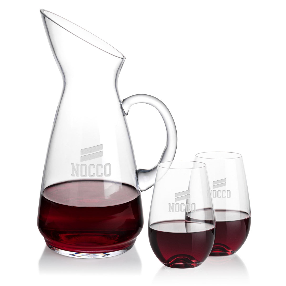 Taroni Carafe & Boston Stemless Wine — Deep Etch example; representative set photo