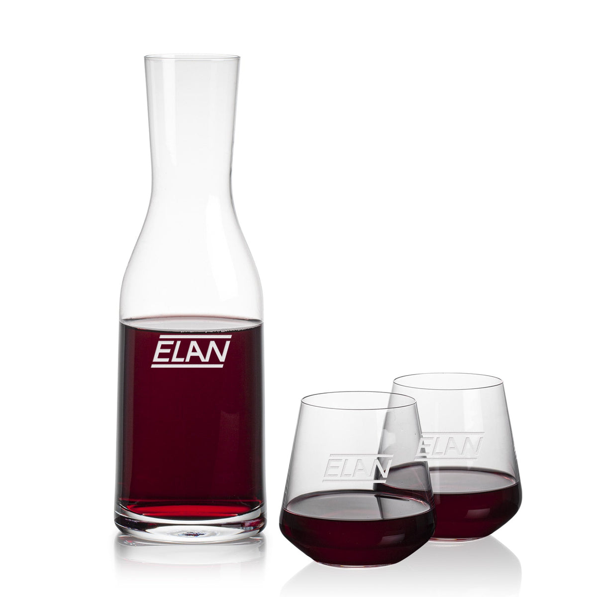 Caldmore Carafe & Cannes Stemless Wine — Deep Etch example; representative set photo