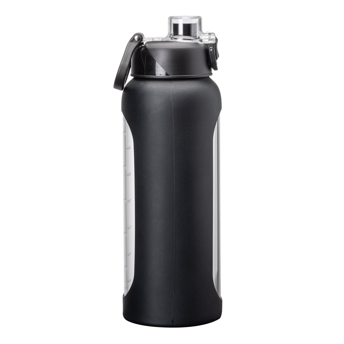 Glacia 32 oz glass water bottle in black, rear view with protective silicone sleeve and carrying lid