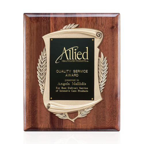 Scroll Cast Metal and American Walnut Plaque