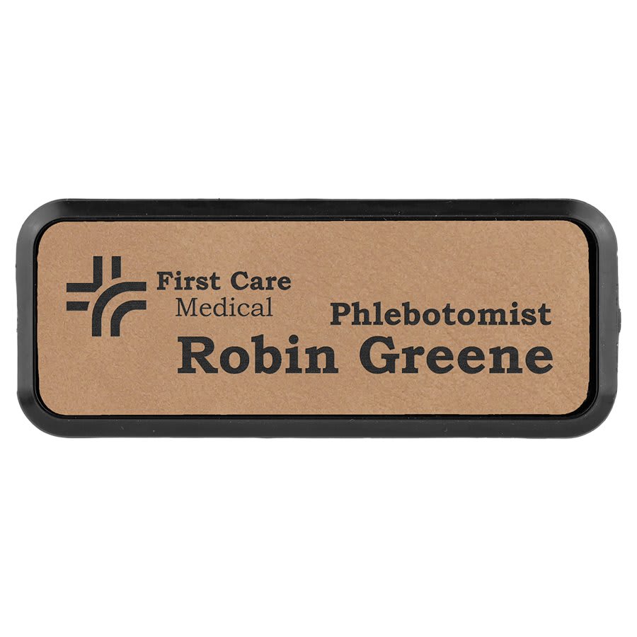 3" x 1" Personalized Leatherette Round Corner Badge with Frame