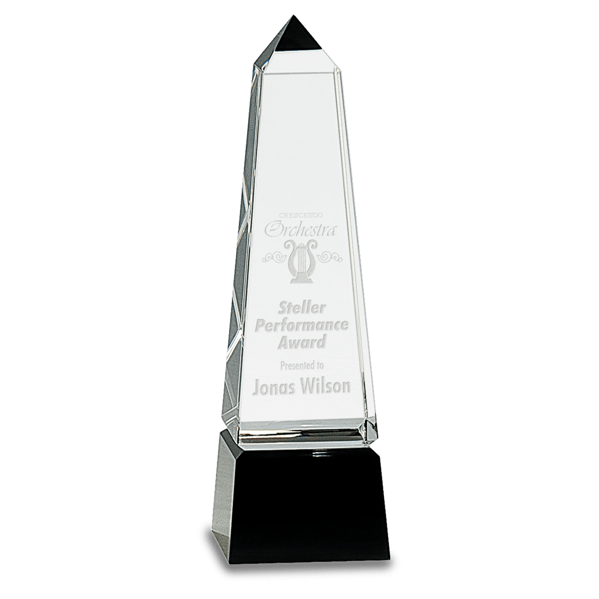 Obelisk Crystal Award on Black Pedestal Base