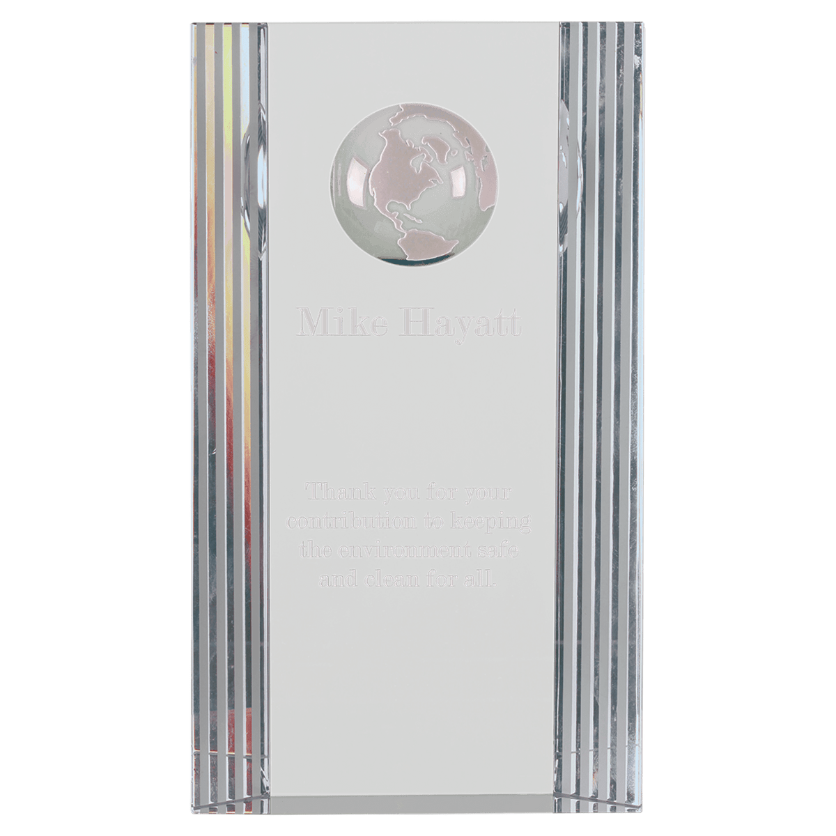 Crystal Rectangle with Globe Etching — 7 3/4"