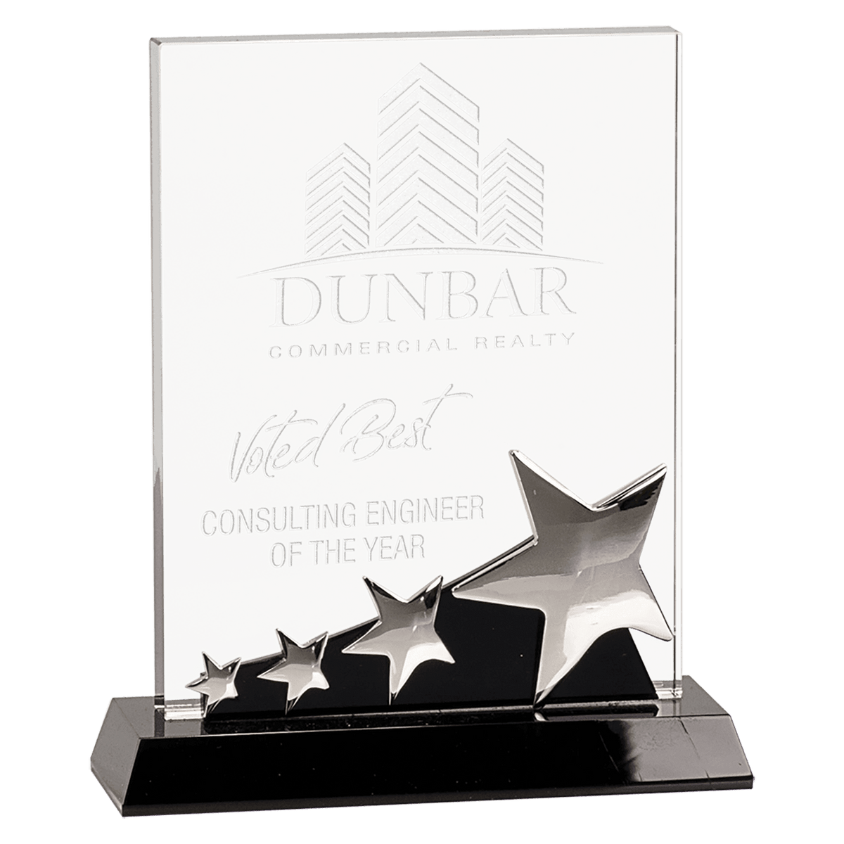 7" Rectangle Crystal with Silver Stars on Black Pedestal Base