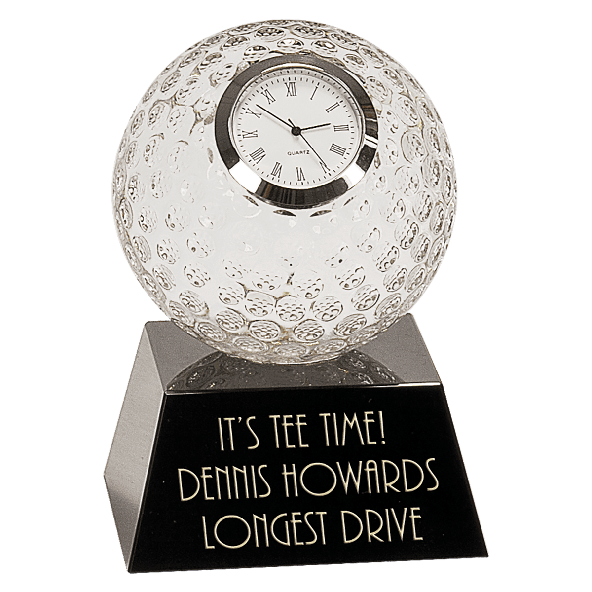 5" Clear Crystal Golf Ball Clock with Black Pedestal Base