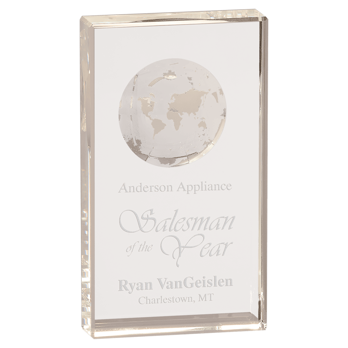 7" Clear Crystal Rectangle with Globe Etching