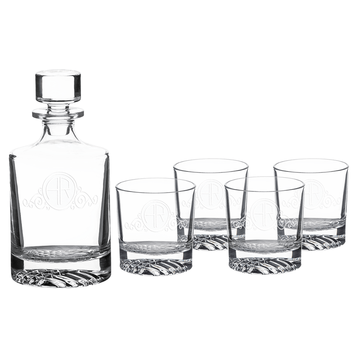Polar Camel 850mL Round Glass Decanter Set with Four 9 oz. Rocks Glasses in Black Gift Box with Printed Paper Sleeve