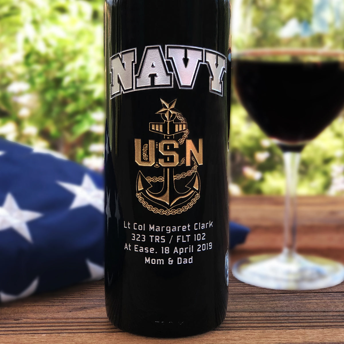 Navy Etched Wine Bottle