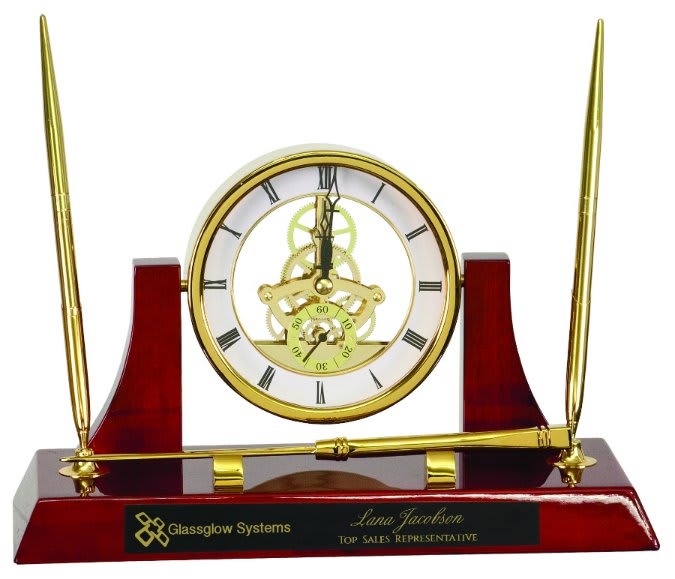 10 1/2" x 6" Executive/Rosewood Piano Finish Clock w/2 Pens/Letter Opener
