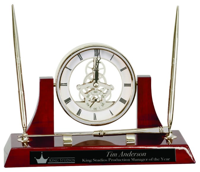 10 1/2" x 6" Executive/Rosewood Piano Finish Clock w/2 Pens/Letter Opener — Silver