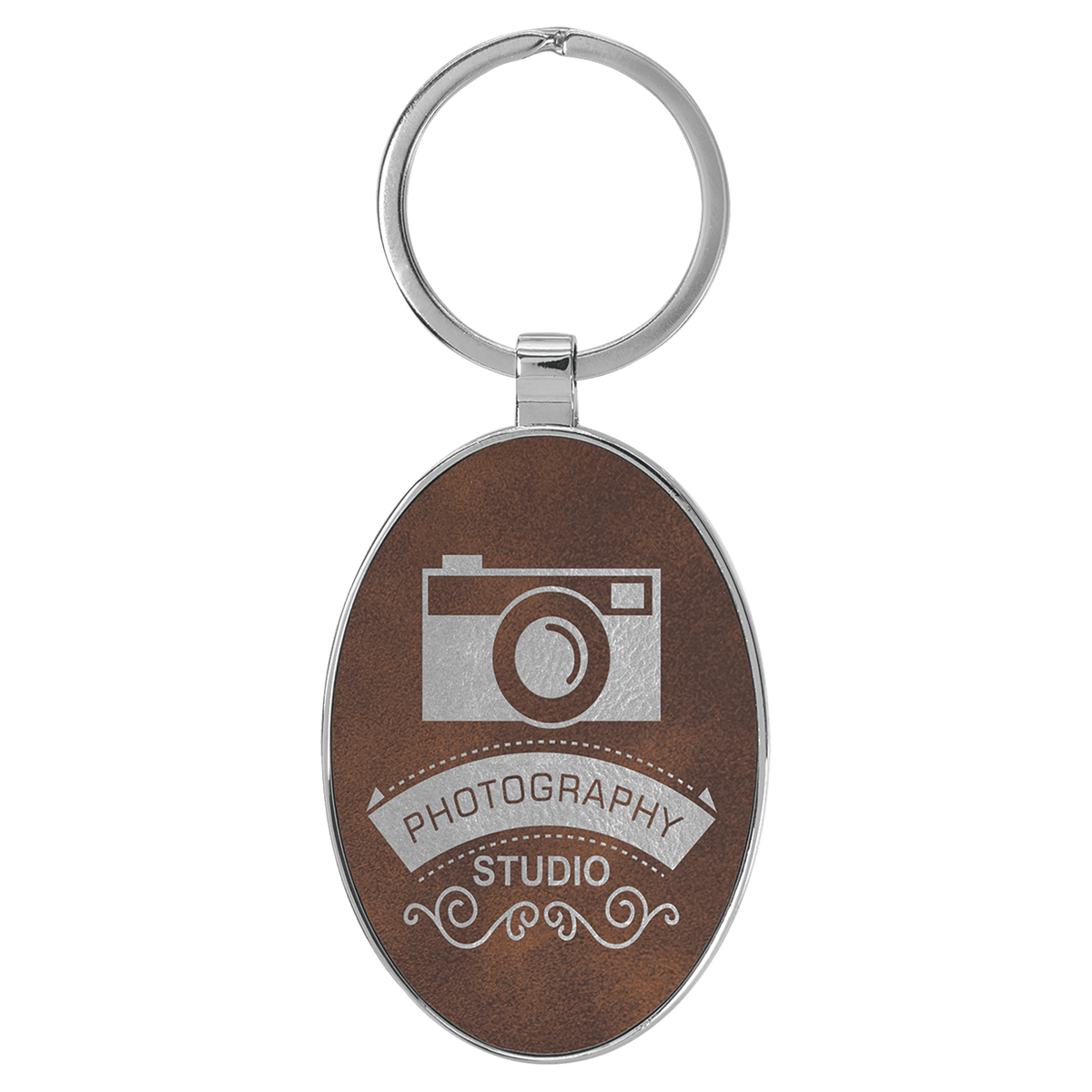 3" x 1 3/4" Laserable Leatherette/Metal Oval Keychain