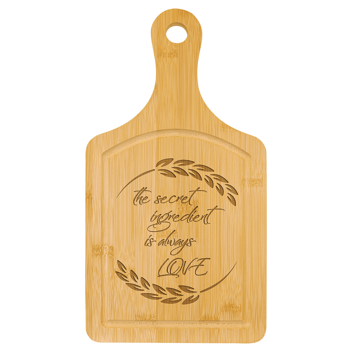 13 1/2" x 7" Cutting Board Paddle Shape with Drip Ring