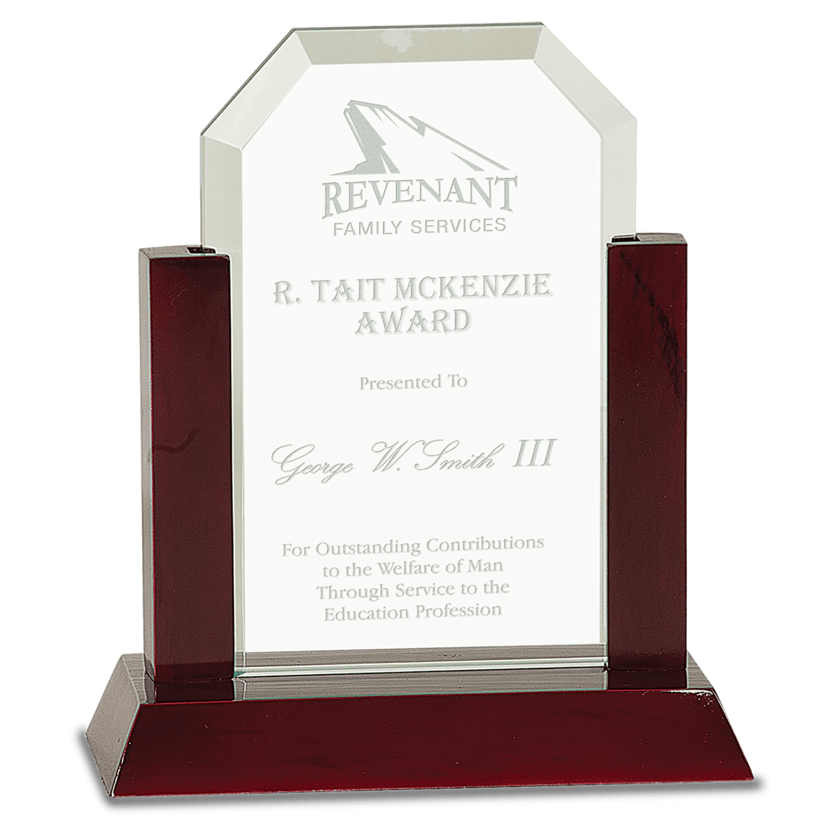 Gateway Jade Glass Award with Rosewood Base — Shape and Size