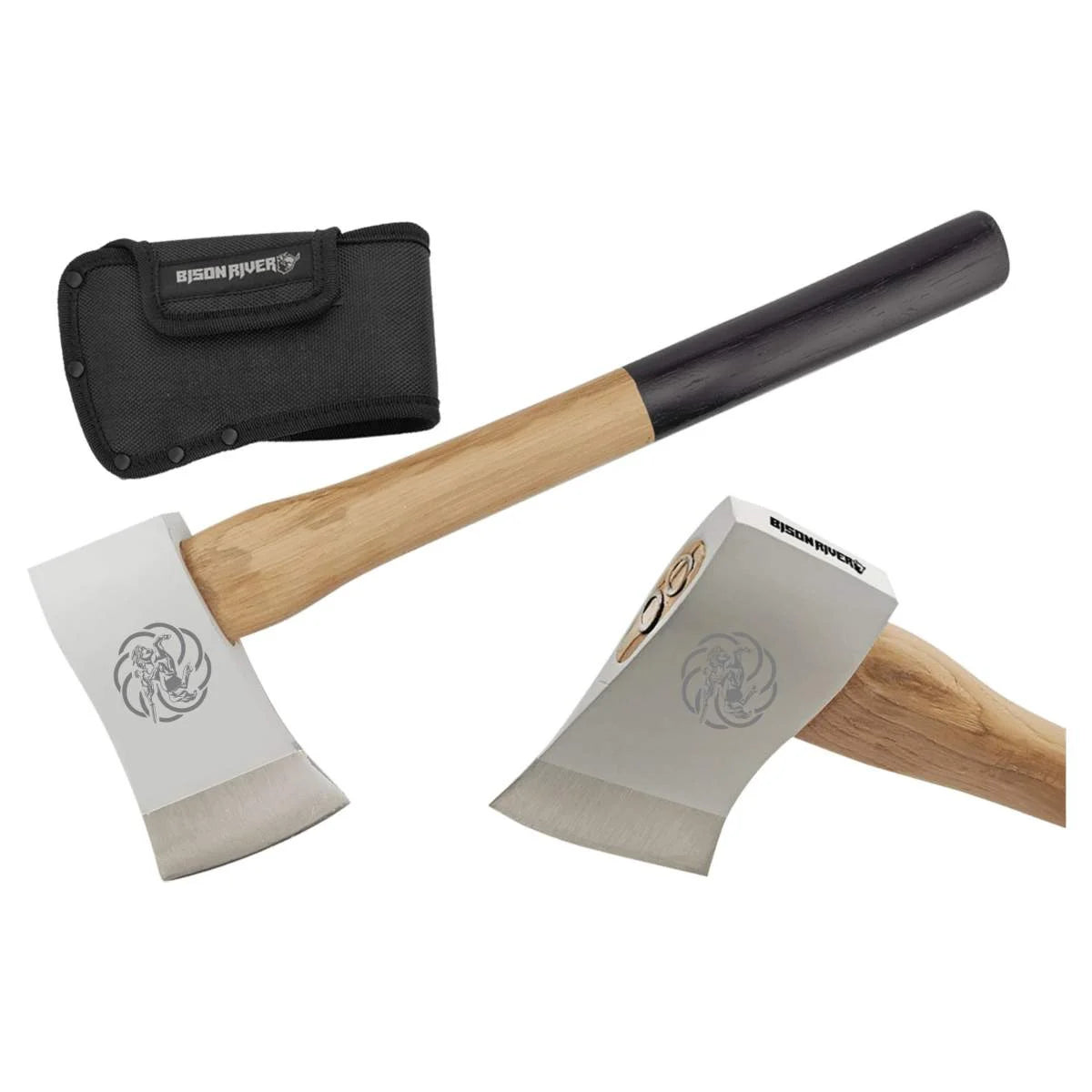 Bison River throwing axe with nylon sheath and engraved blade detail