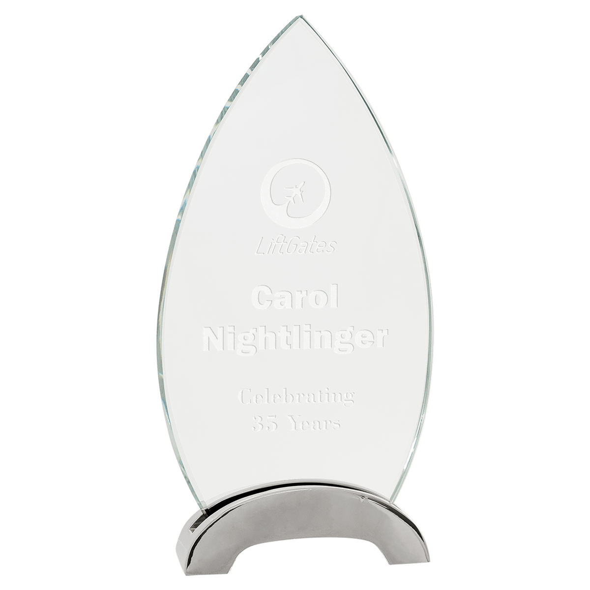 Oval Platinum Glass Award with Arch Metal Base — Size · 8½″ · PLG07