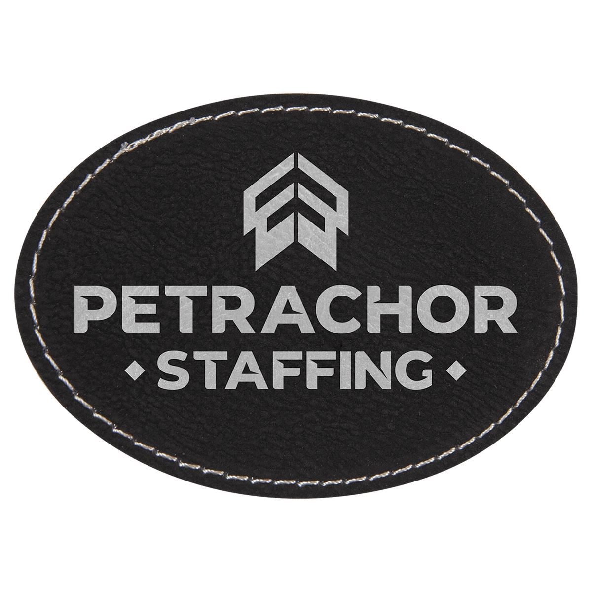 Black/Silver 3 1/2" x 2 1/2" Laserable Leatherette Oval Patch with Kota Pro Adhesive
