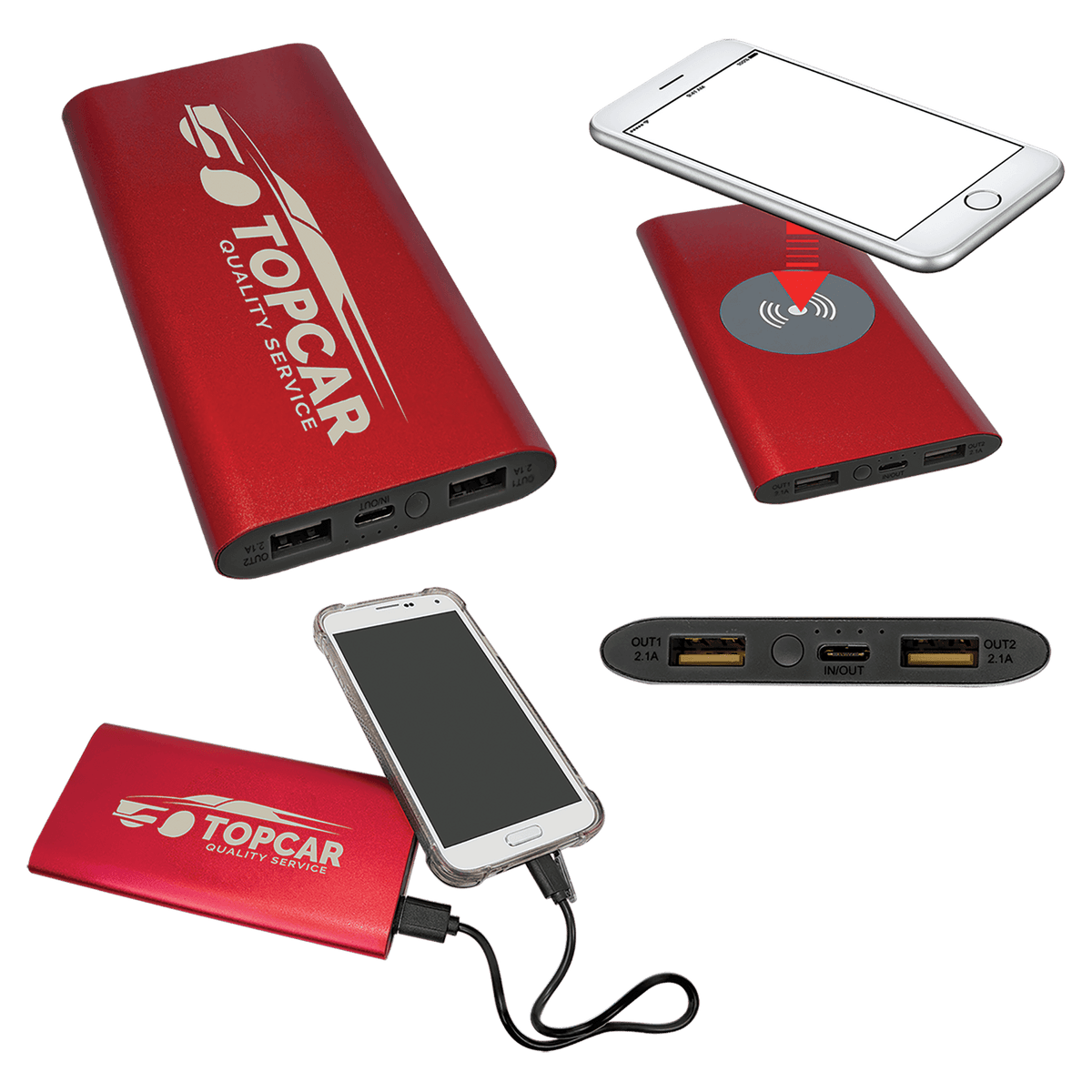 8000MAH Power Bank & Wireless Anodized Aluminum Charger with USB-C Cord — Red