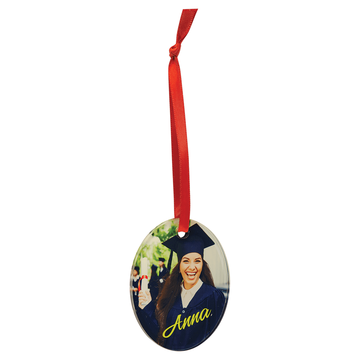 2 1/4" x 3" Oval Sublimatable Acrylic Ornament with Red Ribbon