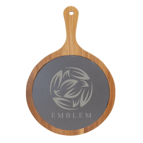 Round Acacia Wood and Slate Serving Board with Handle
