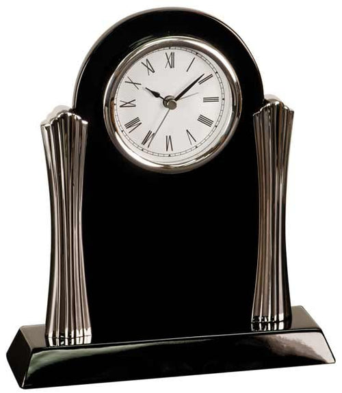 8 1/4" × 7 1/2" Piano Finish Column Clock — Black / Silver