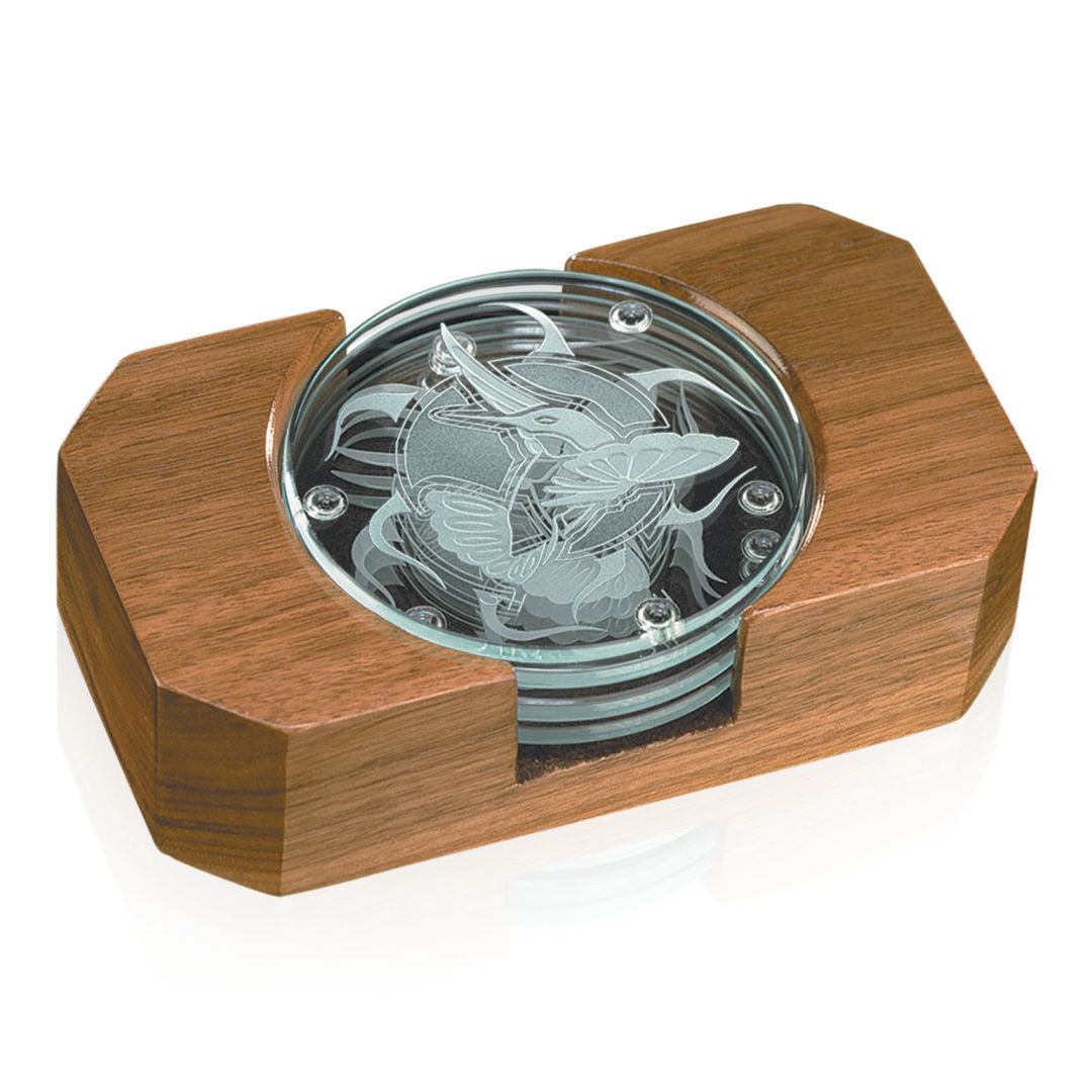 Round Glass Coasters — Set of Four with Wood Tray – Jade