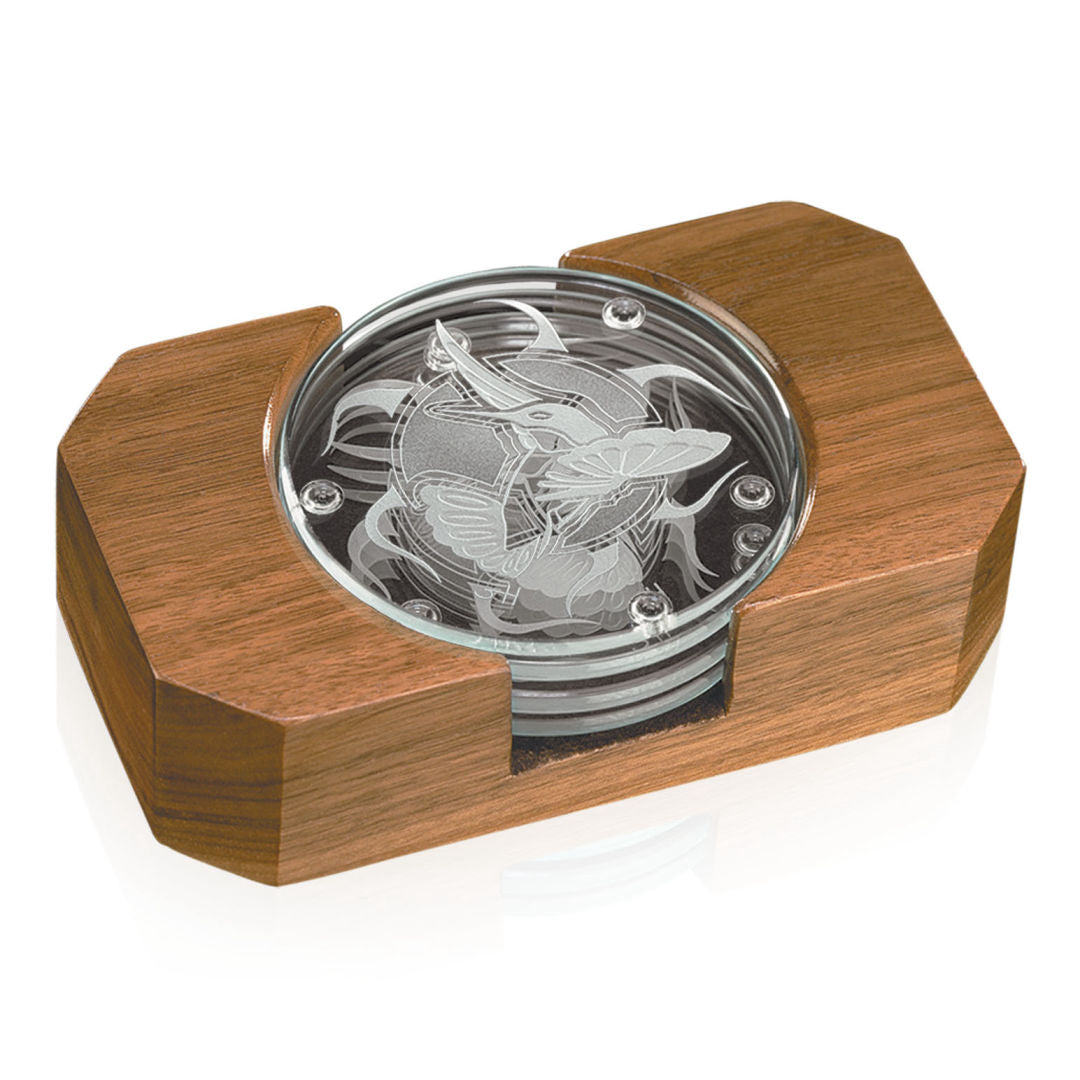 Round Glass Coasters — Set of Four with Wood Tray – Starfire