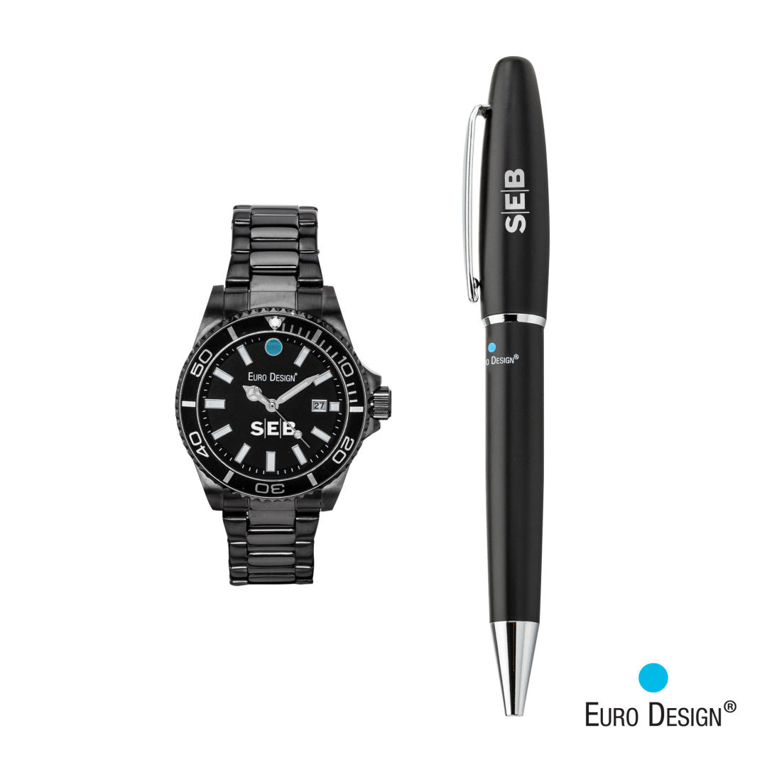 Euro Design® Velten Watch/Pen Set – Black