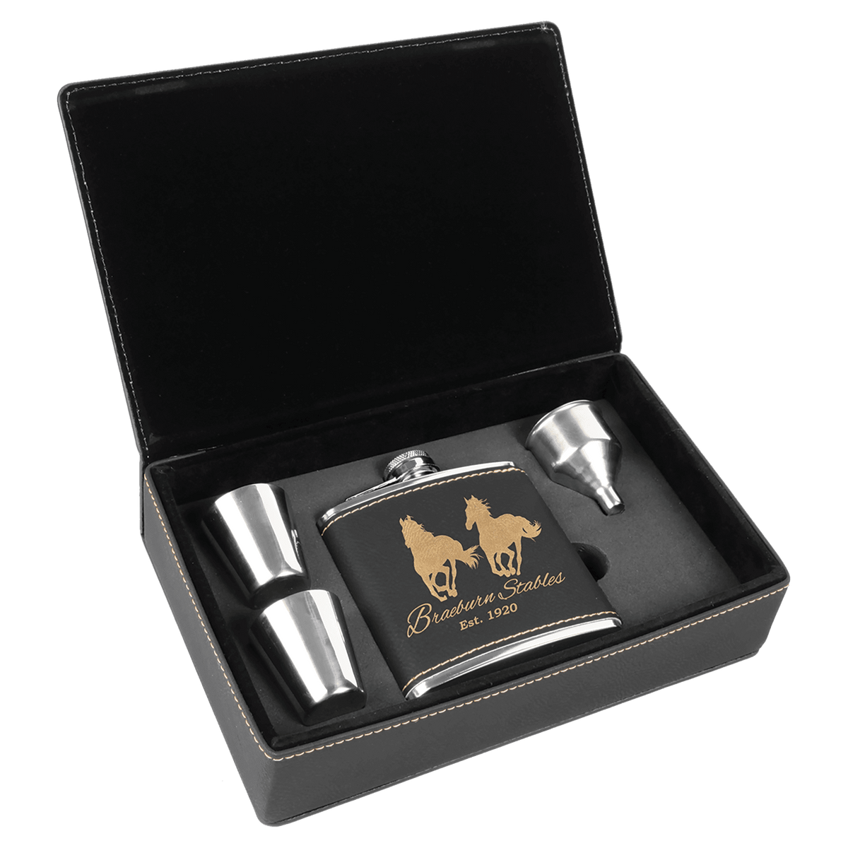 6 oz. Laserable Leatherette Flask Gift Set — Black/Gold