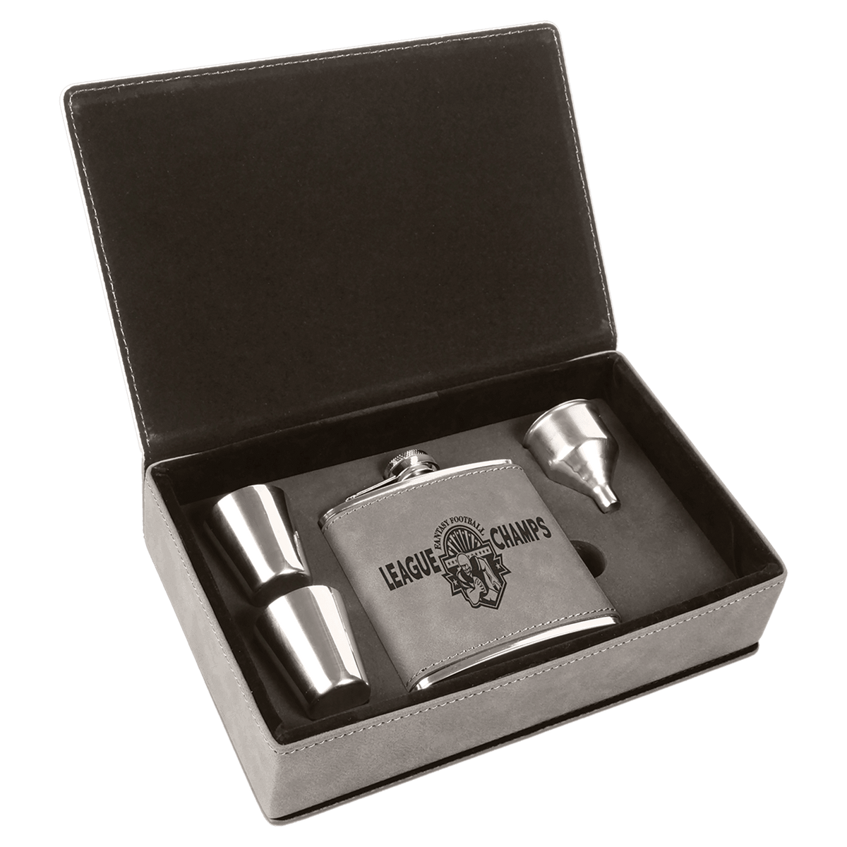 6 oz. Laserable Leatherette Flask Gift Set — Gray