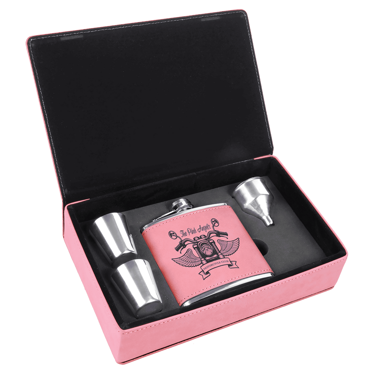 6 oz. Laserable Leatherette Flask Gift Set — Pink