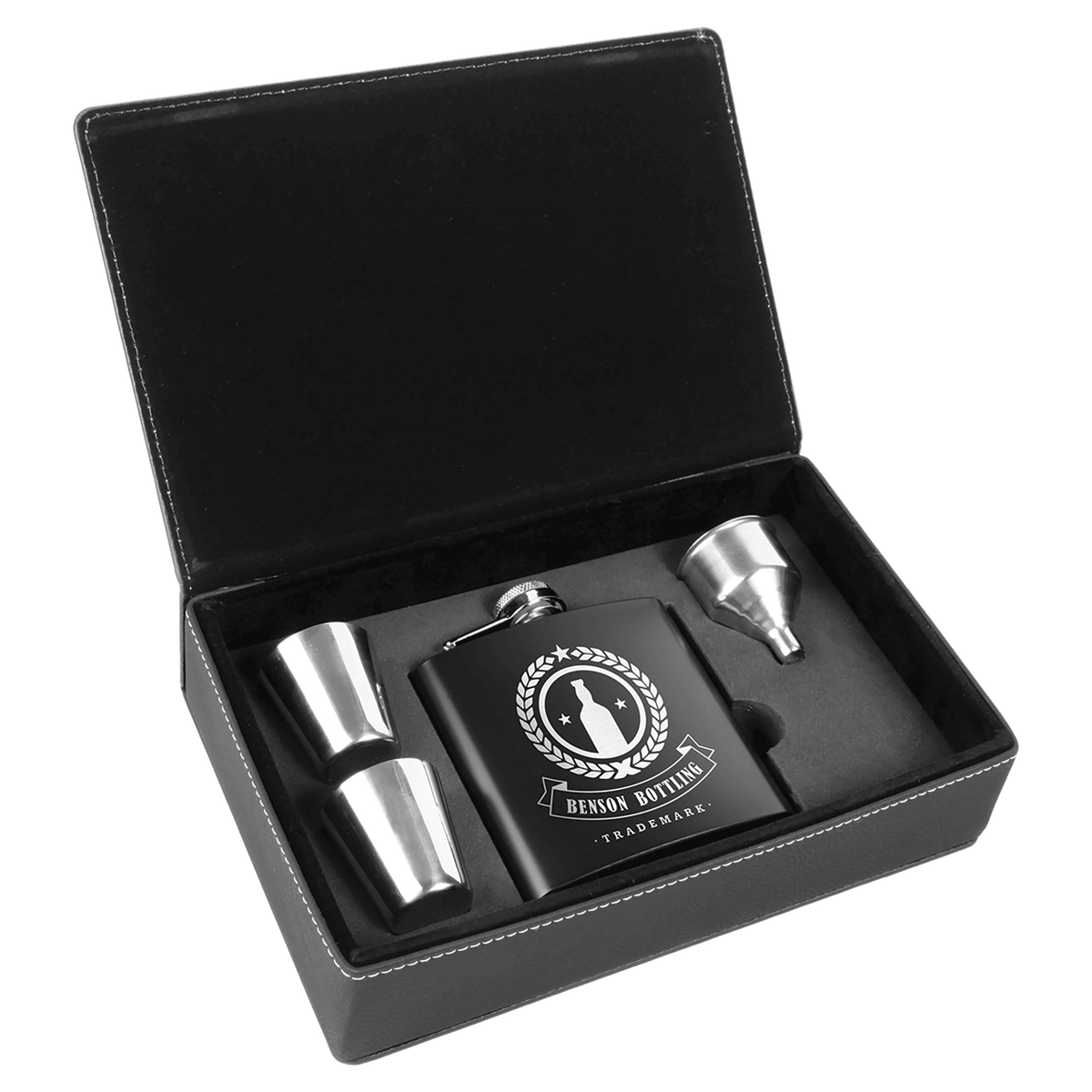 6 oz. Laserable Leatherette Box — Black Stainless Steel Flask Set In Black/Silver