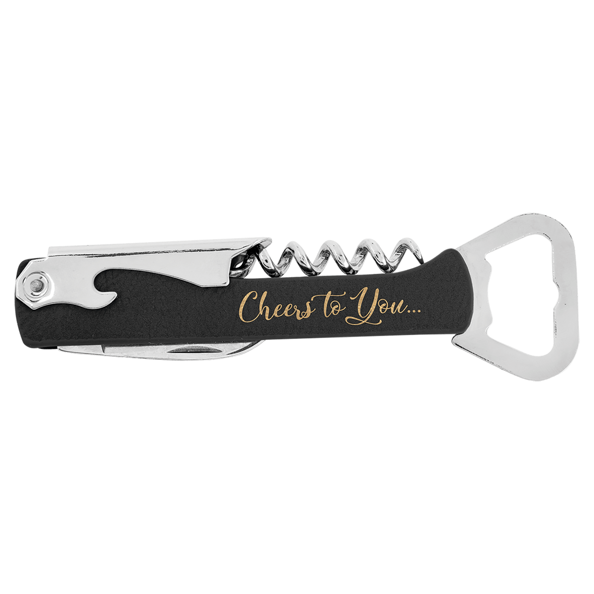 Laserable Leatherette Wine Bottle Opener — Black/Gold