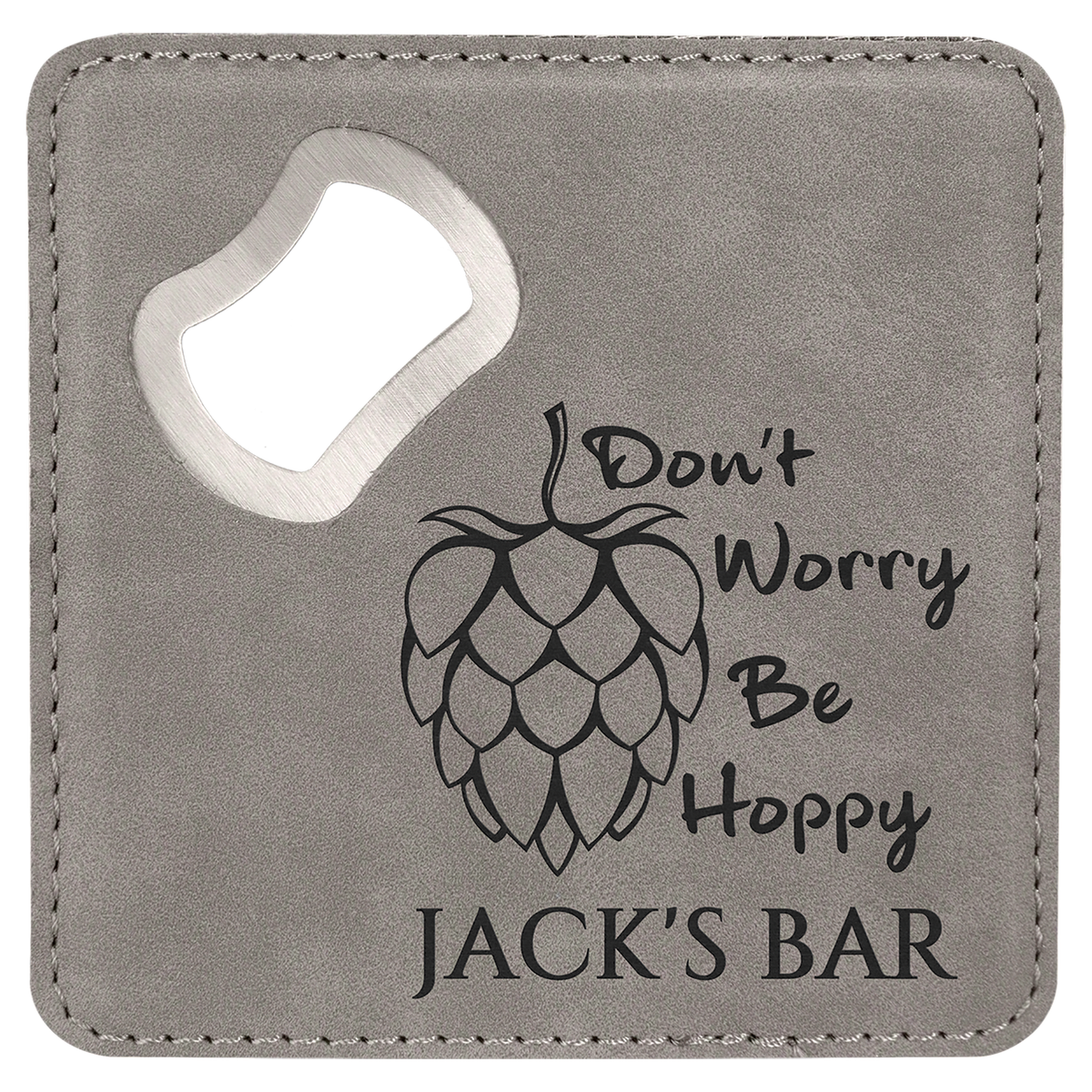 4" x 4" Square Laserable Leatherette Bottle Opener Coaster — Gray