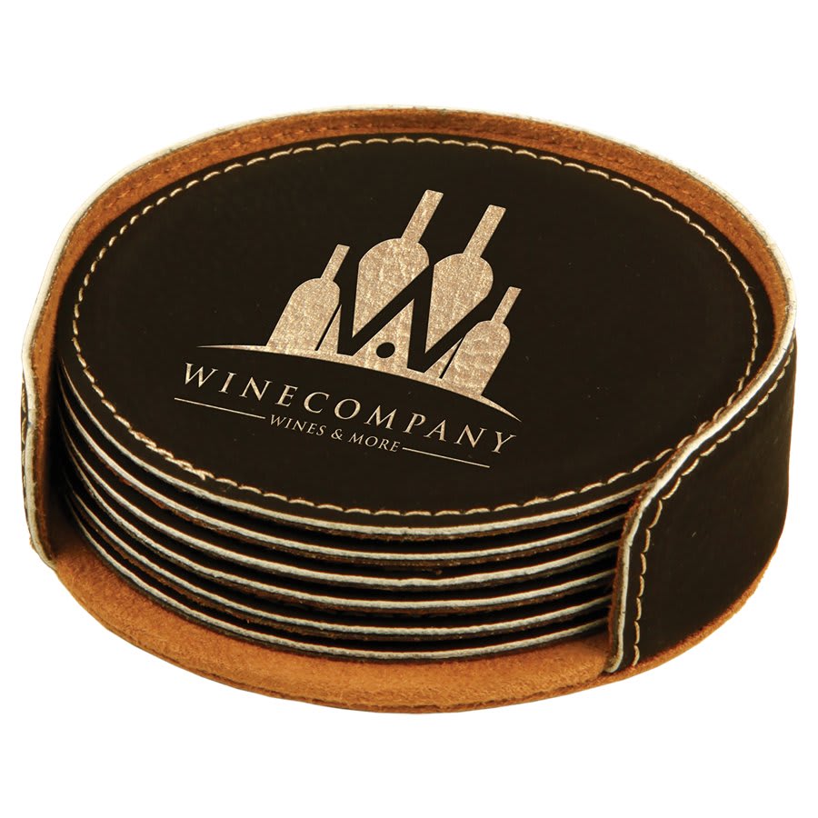 4" Round Laserable Leatherette 6-Coaster Set — Black/Gold