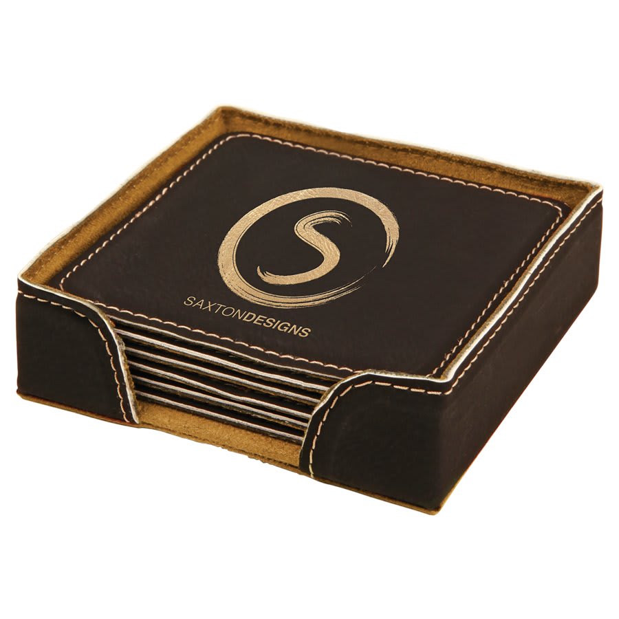 4" x 4" Square Laserable Leatherette 6-Coaster Set — Black/Gold