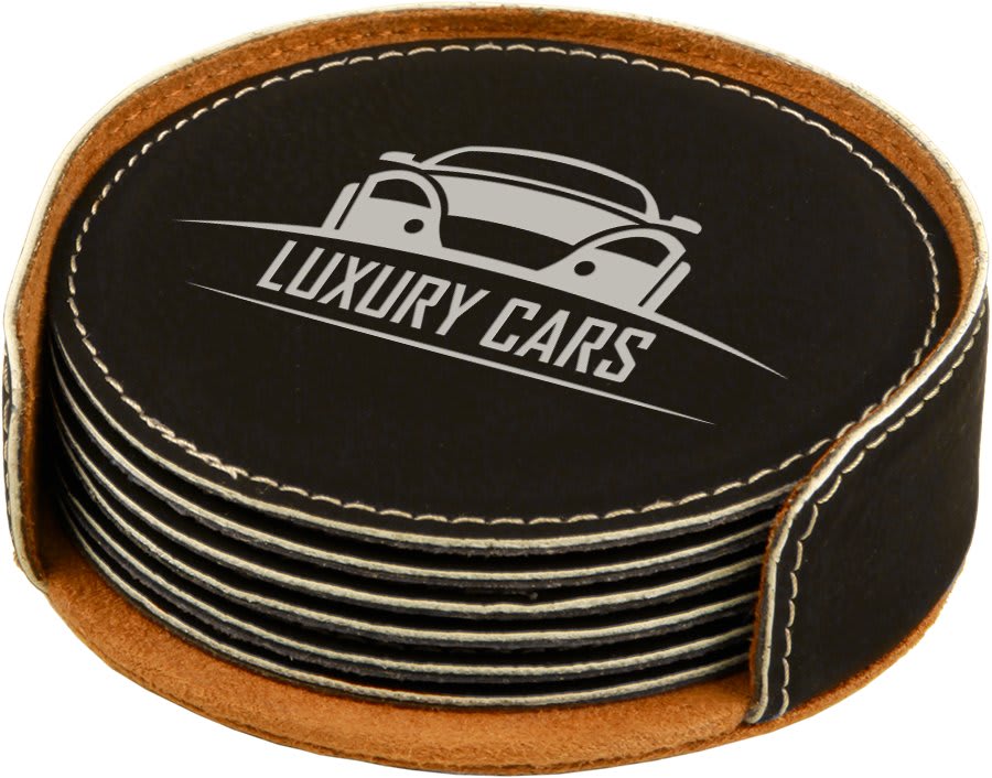 4" Round Laserable Leatherette 6-Coaster Set — Black/Silver