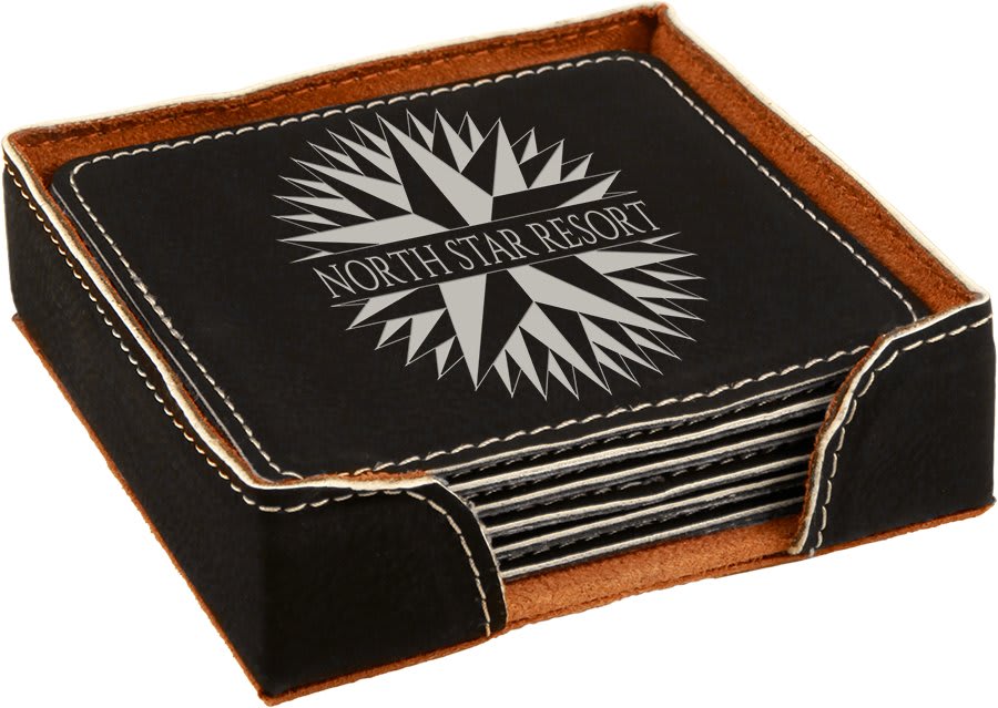 4" x 4" Square Laserable Leatherette 6-Coaster Set — Black/Silver