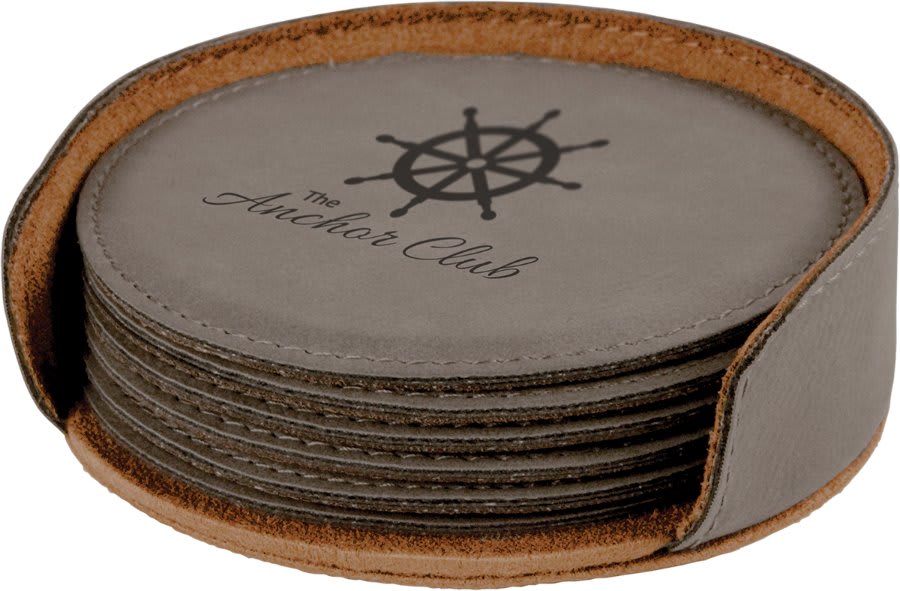 4" Round Laserable Leatherette 6-Coaster Set — Gray
