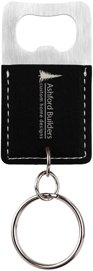 Rectangle Laserable Leatherette Bottle Opener Keychain — Black/Silver