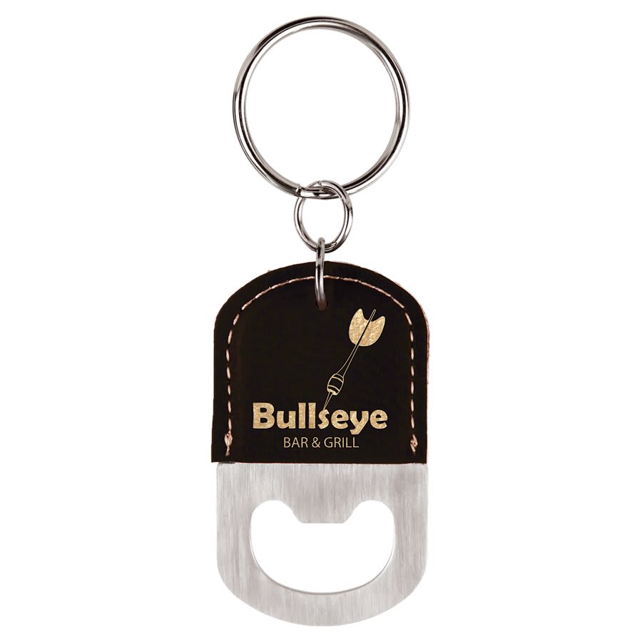 Oval Laserable Leatherette Bottle Opener Keychain — Black/Gold