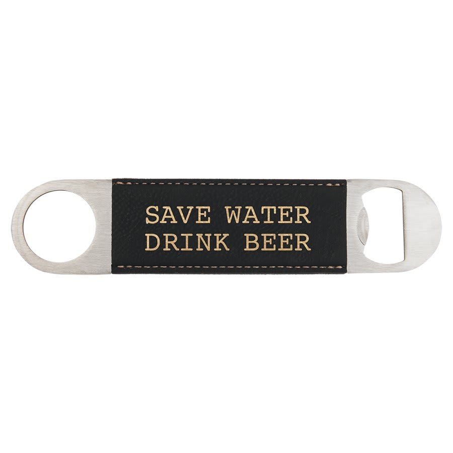 1 1/2" x 7" Laserable Leatherette Bottle Opener — Black/Gold