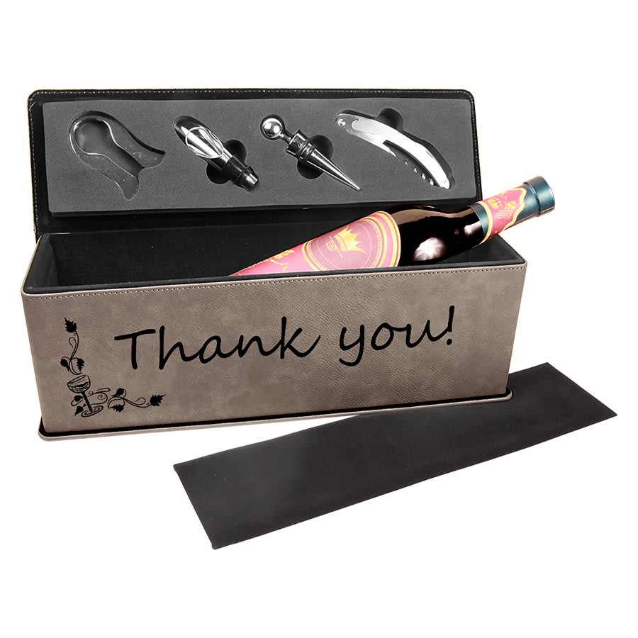 Laserable Leatherette Single Wine Box with Tools — Gray