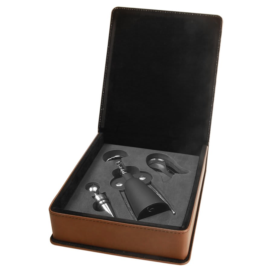 Laserable Leatherette 3-Piece Wine Tool Gift Set — Dark Brown