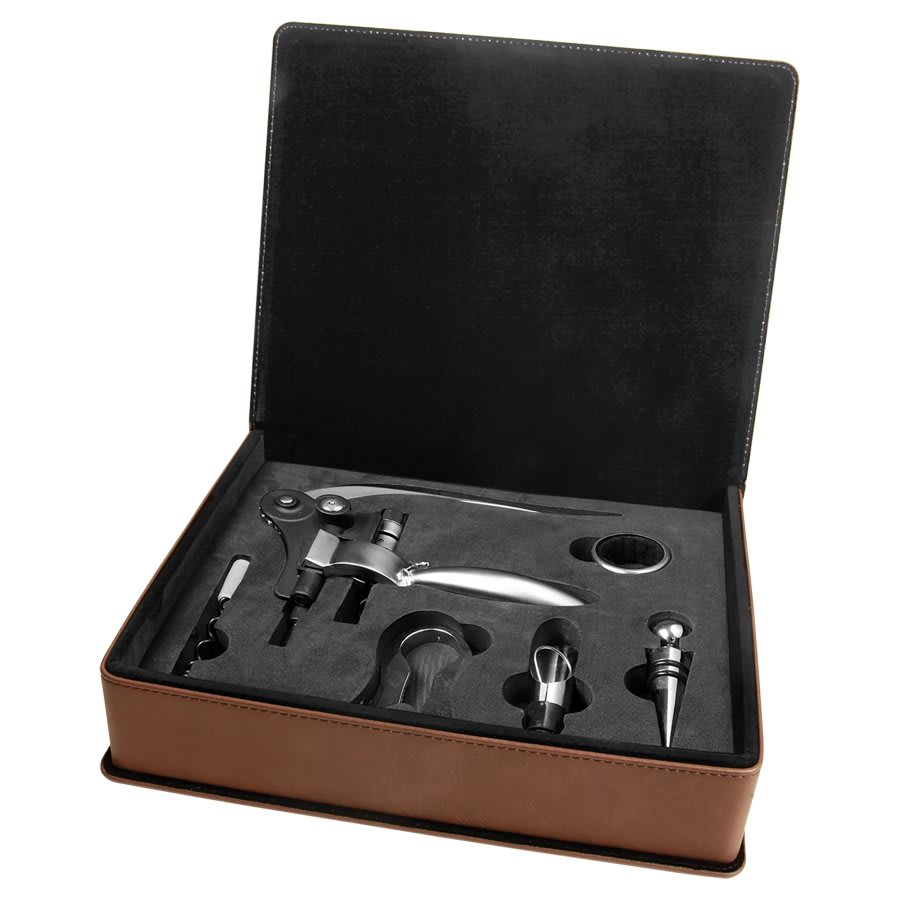 Laserable Leatherette 5-Piece Wine Tool Gift Set — Dark Brown