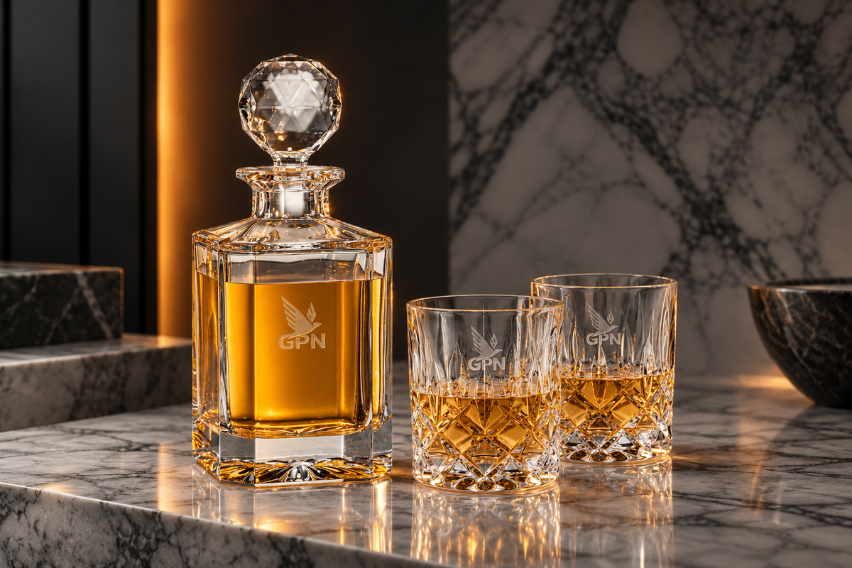 Custom-etched crystal whiskey decanter and glasses
