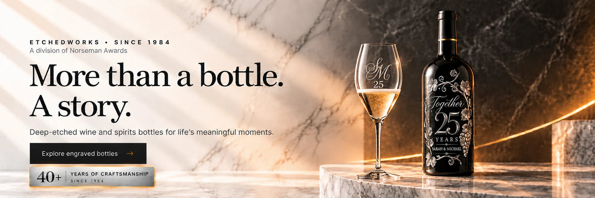Deep-etched anniversary bottle and RIEDEL champagne glass