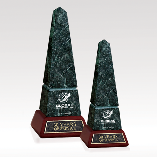 Green Marble Obelisk with Cherry Finish Wood