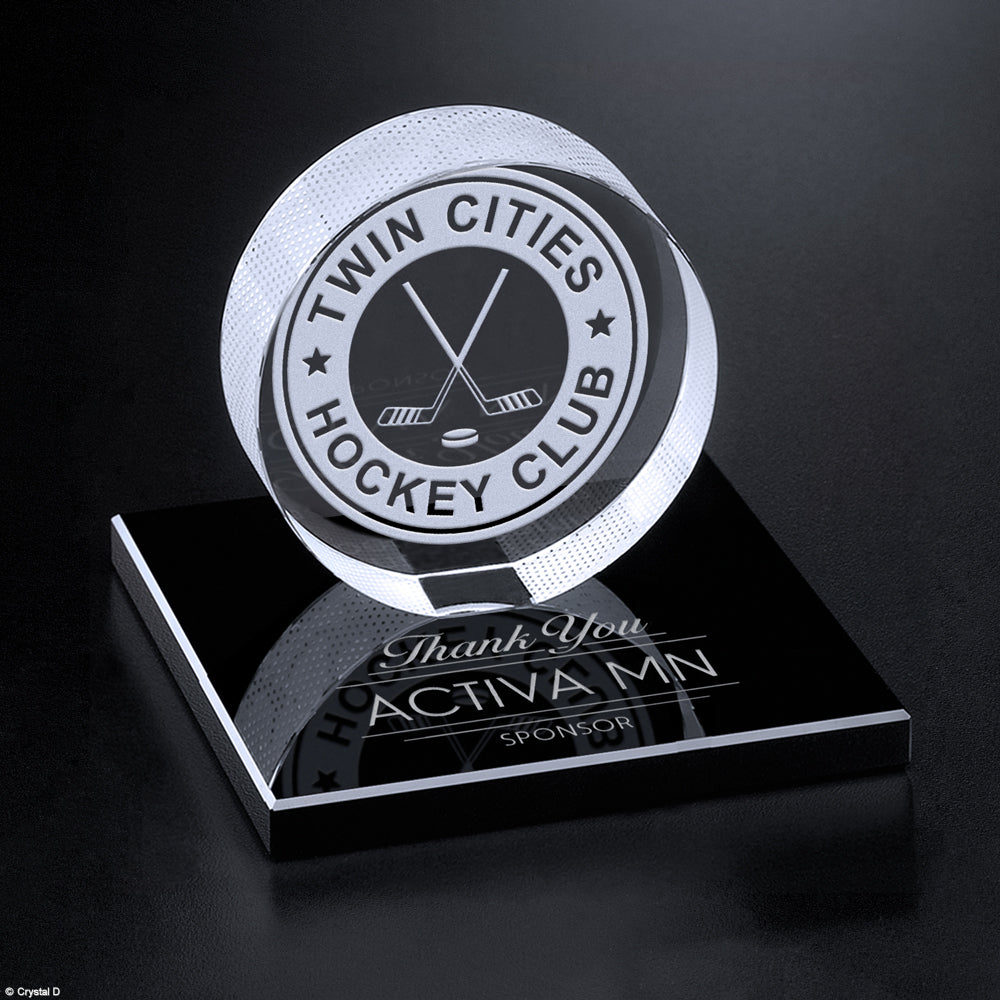 Hockey Puck on Black Glass Base 3-3/8" - Crystal D